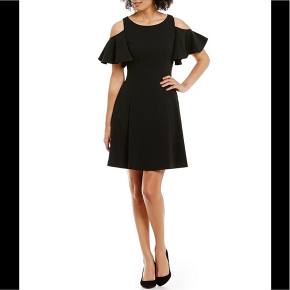 Eliza J Black Cold Shoulder Flutter Sleeve Fit & Flare Dress Size 14 - Picture 1 of 9